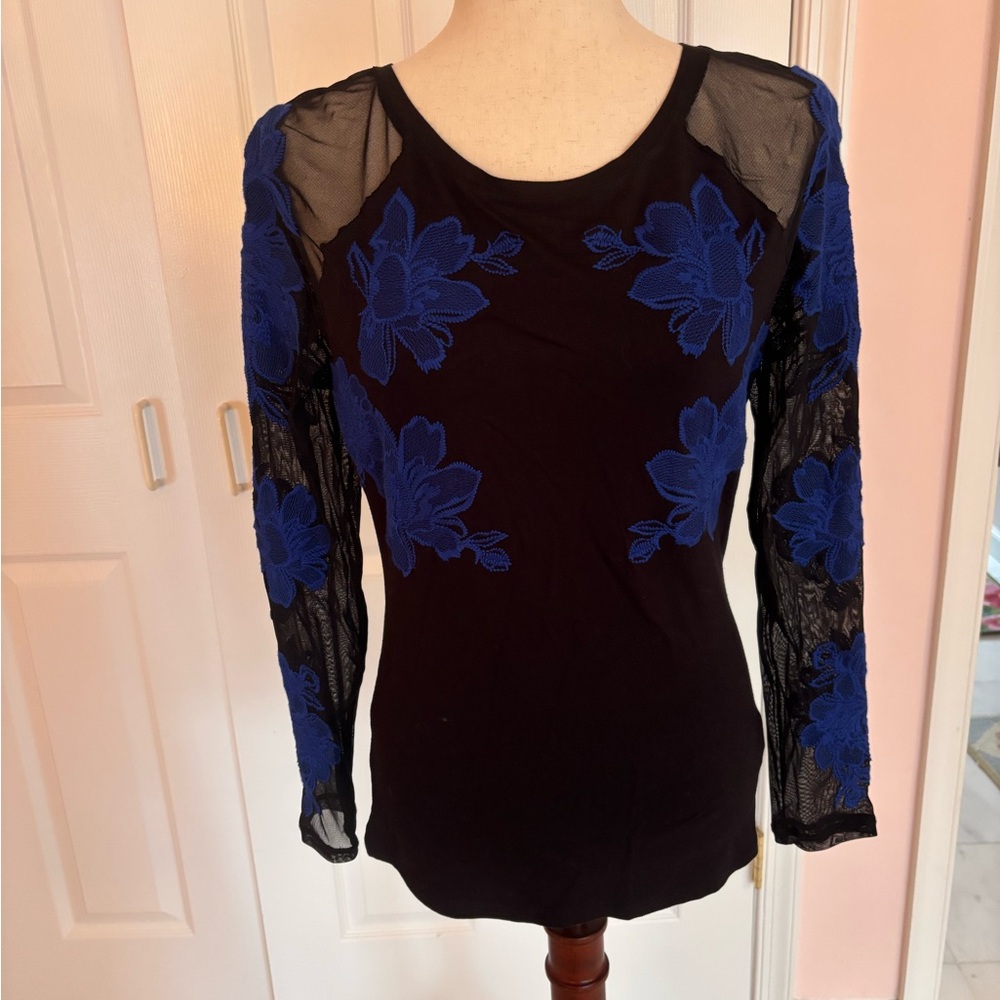 INC International Concepts Black Top with Blue Floral Accents